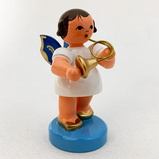 Wooden Angel with French Horn Made in Erzgebirge Germany ~ Blue Wings