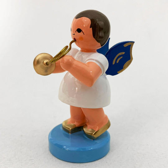 Wooden Angel with French Horn Made in Erzgebirge Germany ~ Blue Wings