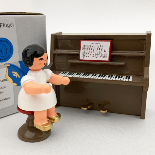 Wooden Angel on a Stool at a Brown Piano Made in Erzgebirge Germany ~ Blue Wings