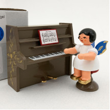 Wooden Angel on a Stool at a Brown Piano Made in Erzgebirge Germany ~ Blue Wings