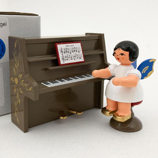 Wooden Angel on a Stool at a Brown Piano Made in Erzgebirge Germany ~ Blue Wings