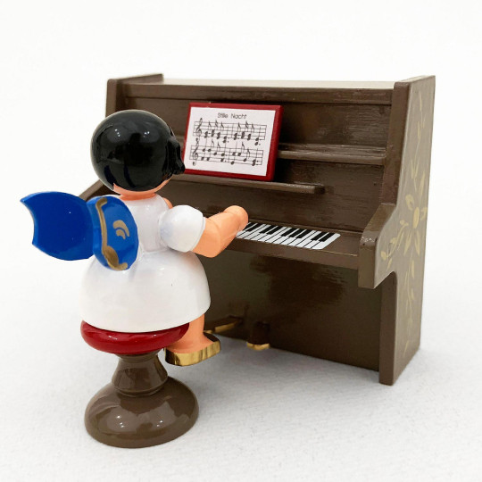 Wooden Angel on a Stool at a Brown Piano Made in Erzgebirge Germany ~ Blue Wings