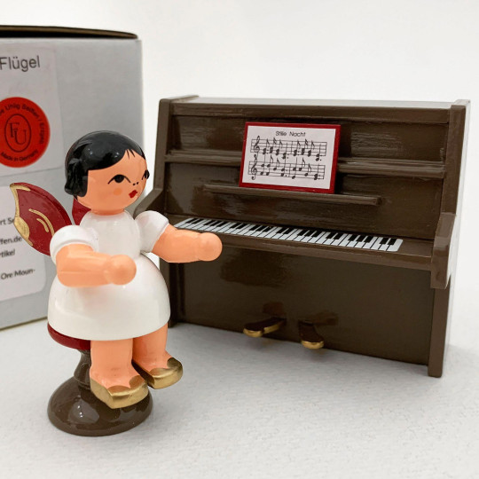 Wooden Angel on a Stool at a Brown Piano Made in Erzgebirge Germany ~ Red Wings
