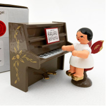Wooden Angel on a Stool at a Brown Piano Made in Erzgebirge Germany ~ Red Wings