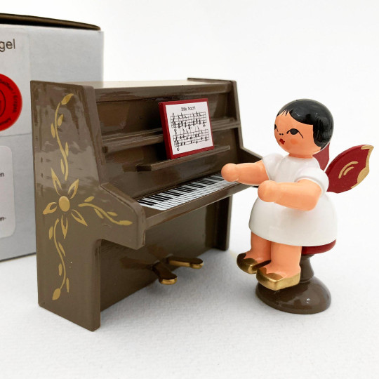 Wooden Angel on a Stool at a Brown Piano Made in Erzgebirge Germany ~ Red Wings
