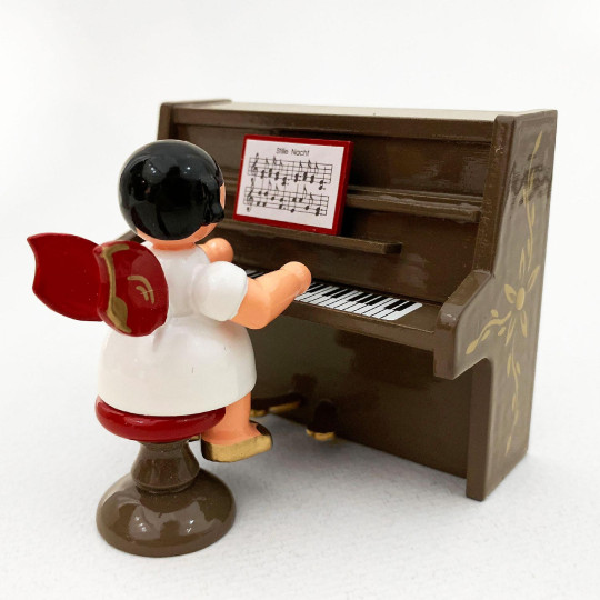 Wooden Angel on a Stool at a Brown Piano Made in Erzgebirge Germany ~ Red Wings