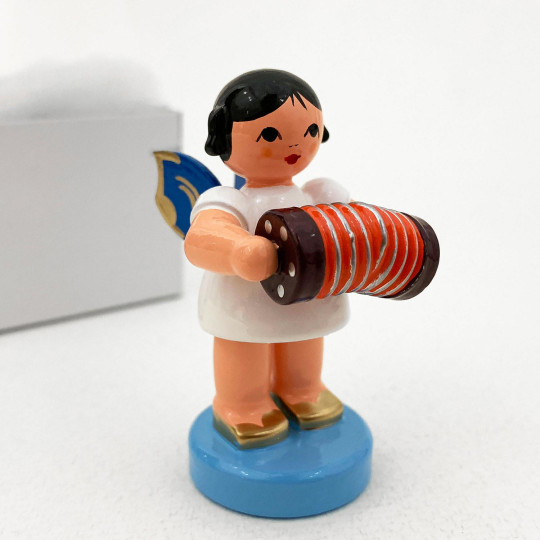 Wooden Angel with Concertina Made in Erzgebirge Germany ~ Blue Wings