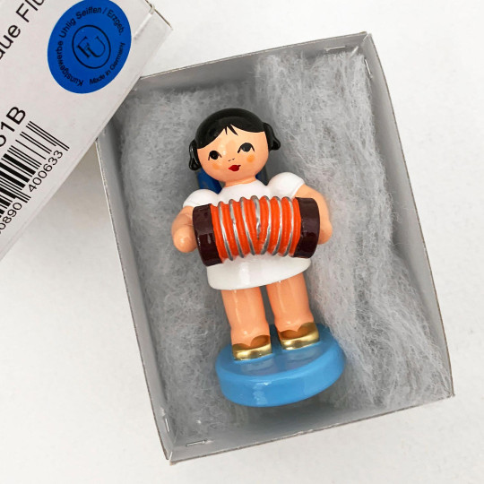 Wooden Angel with Concertina Made in Erzgebirge Germany ~ Blue Wings