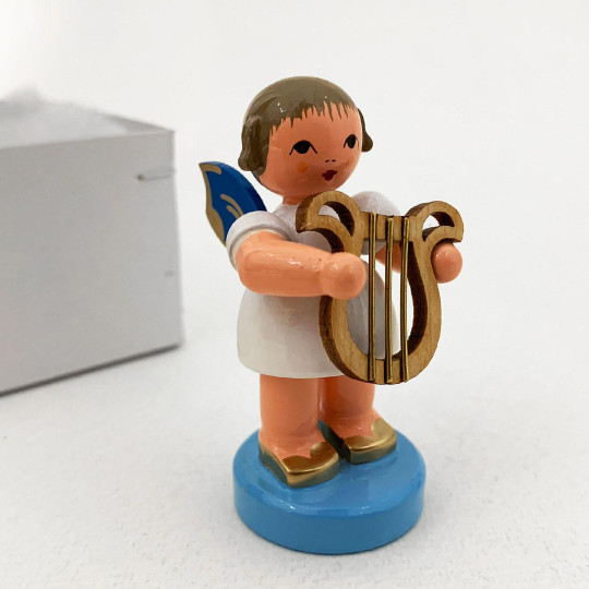 Wooden Angel with Lyre Made in Erzgebirge Germany ~ Blue Wings