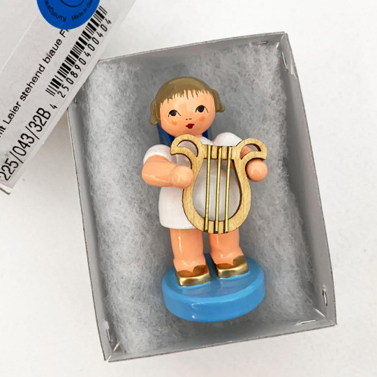 Wooden Angel with Lyre Made in Erzgebirge Germany ~ Blue Wings