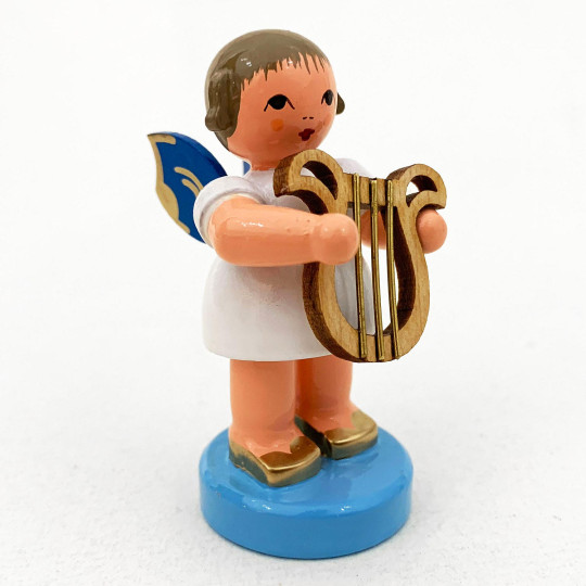 Wooden Angel with Lyre Made in Erzgebirge Germany ~ Blue Wings