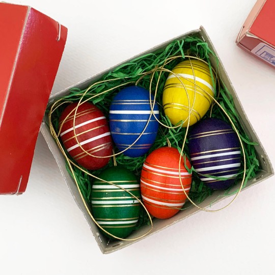 Set of 6 Colorful Striped Wooden Easter Egg Ornaments ~ Made in Erzgebirge Germany 