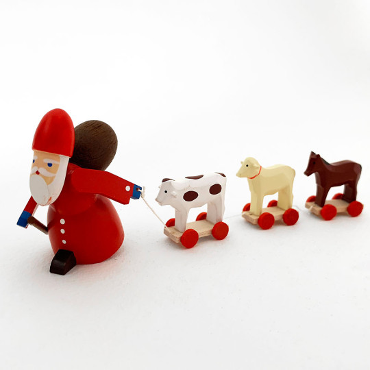Red Wooden Santa Pulling Animals ~ Made in Erzgebirge Germany 