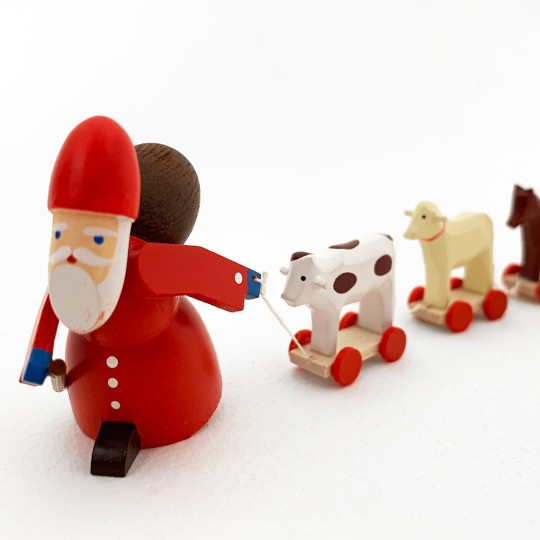 Red Wooden Santa Pulling Animals ~ Made in Erzgebirge Germany 