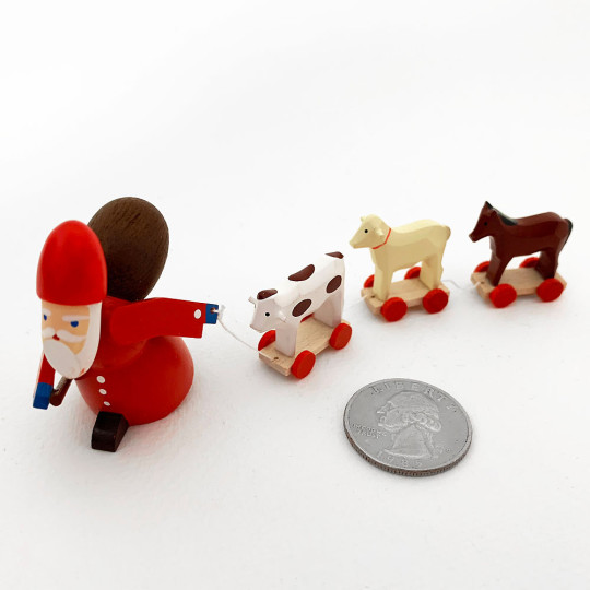 Red Wooden Santa Pulling Animals ~ Made in Erzgebirge Germany 