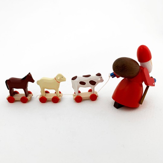 Red Wooden Santa Pulling Animals ~ Made in Erzgebirge Germany 