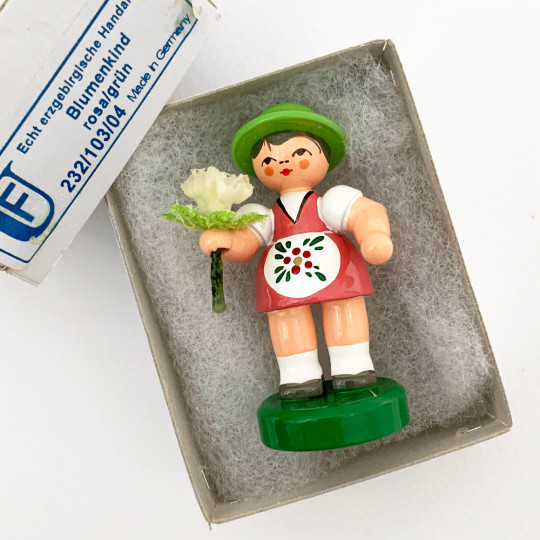 Wooden Flower Girl with Pink Dress and White Flower ~ Blumenkind Made in Erzgebirge Germany 