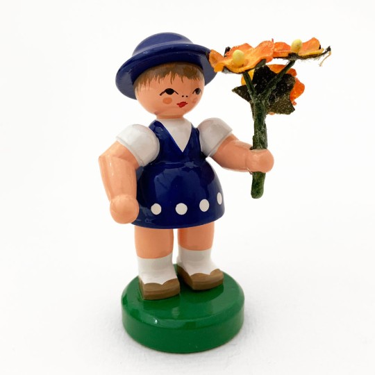 Wooden Flower Girl with Blue Dress and Orange Flowers ~ Blumenkind Made in Erzgebirge Germany 