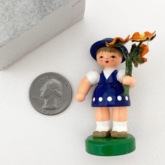 Wooden Flower Girl with Blue Dress and Orange Flowers ~ Blumenkind Made in Erzgebirge Germany 