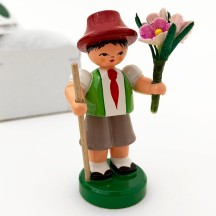 Wooden Flower Boy with Green Vest and Pink Flowers ~ Blumenjunge Made in Erzgebirge Germany 