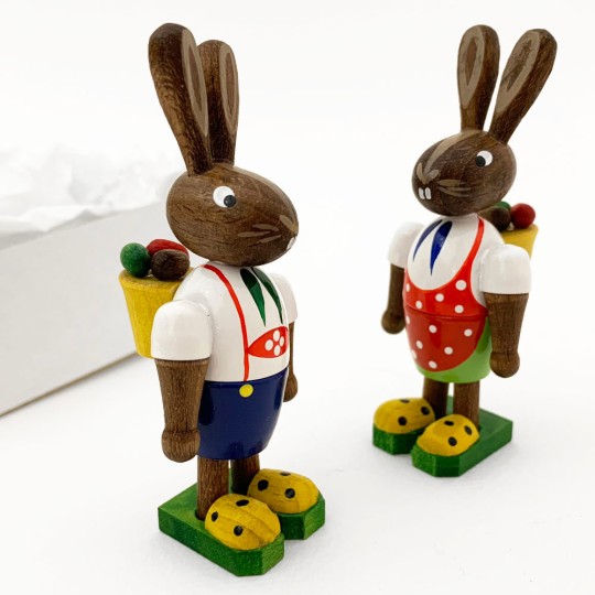 Wooden Bunnies with Egg Backpacks ~ Set of 2 ~ Made in Erzgebirge Germany 