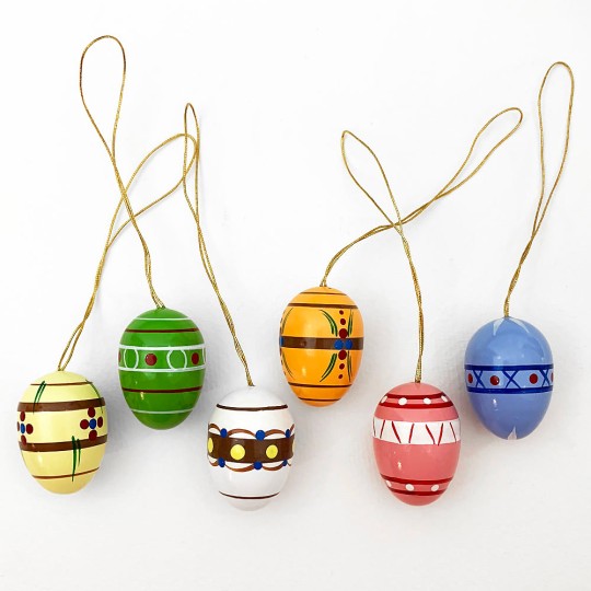 Set of 6 Wooden Mixed Geometric Easter Egg Ornaments ~ Made in Erzgebirge Germany 