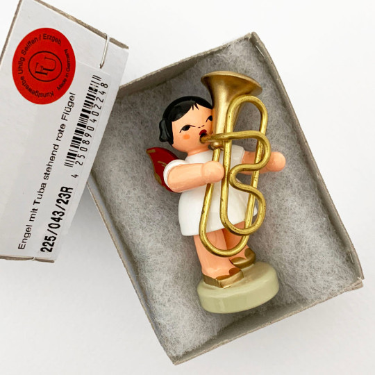 Wooden Angel with Tuba Made in Erzgebirge Germany ~ Red Wings