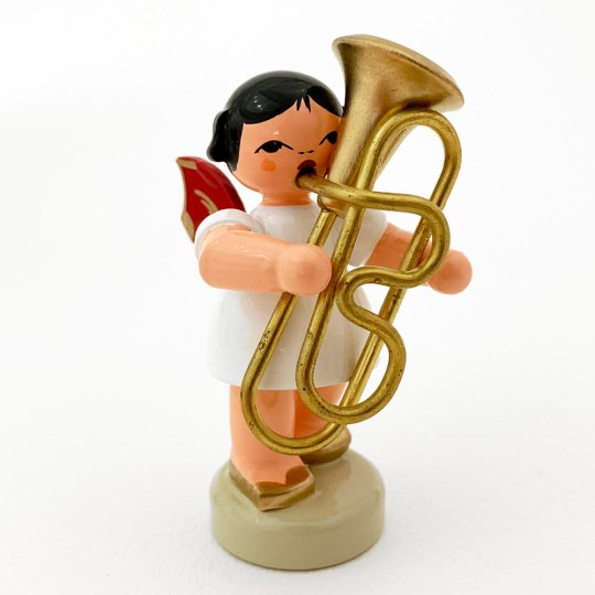 Wooden Angel with Tuba Made in Erzgebirge Germany ~ Red Wings