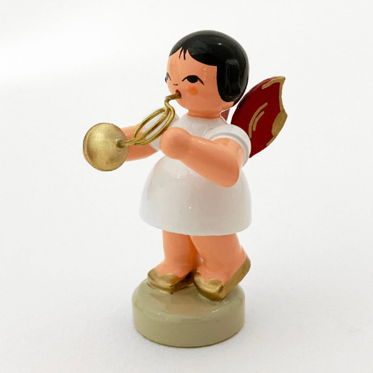 Wooden Angel with French Horn Made in Erzgebirge Germany ~ Red Wings
