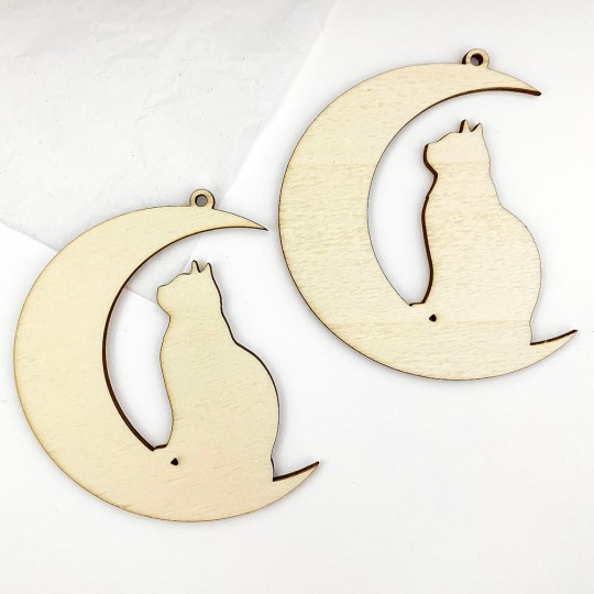 Wooden Cat on Moon Ornaments ~ Set of 3