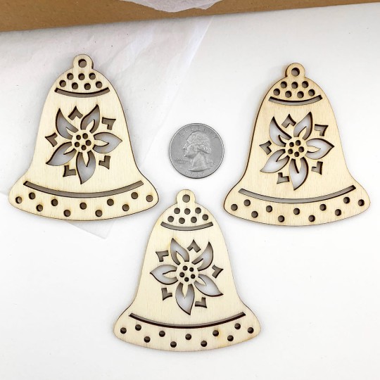 Wooden Poinsettia Bell Ornaments ~ Set of 3