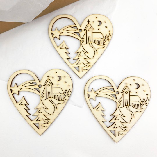 Wooden Christmas Heart Ornaments ~ Set of 3