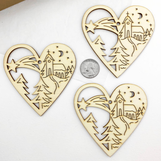 Wooden Christmas Heart Ornaments ~ Set of 3